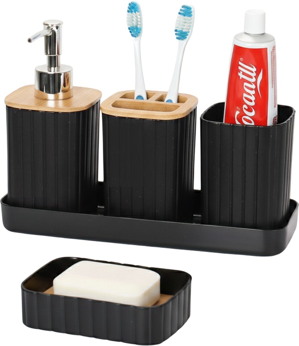 Cheffinger Badkameraccessoireset - 5 - delig - Zwart - Zeepdispenser - Tandenborstelbeker - Zeepbakje - Beker - Houder - TEKZEN