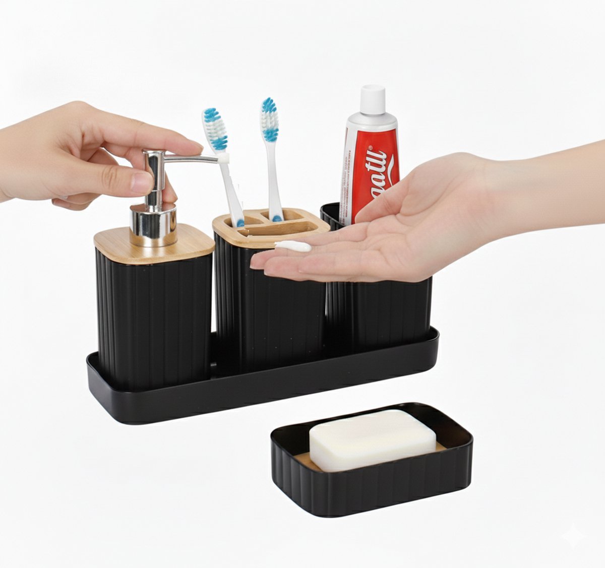 Cheffinger Badkameraccessoireset - 5 - delig - Zwart - Zeepdispenser - Tandenborstelbeker - Zeepbakje - Beker - Houder - TEKZEN