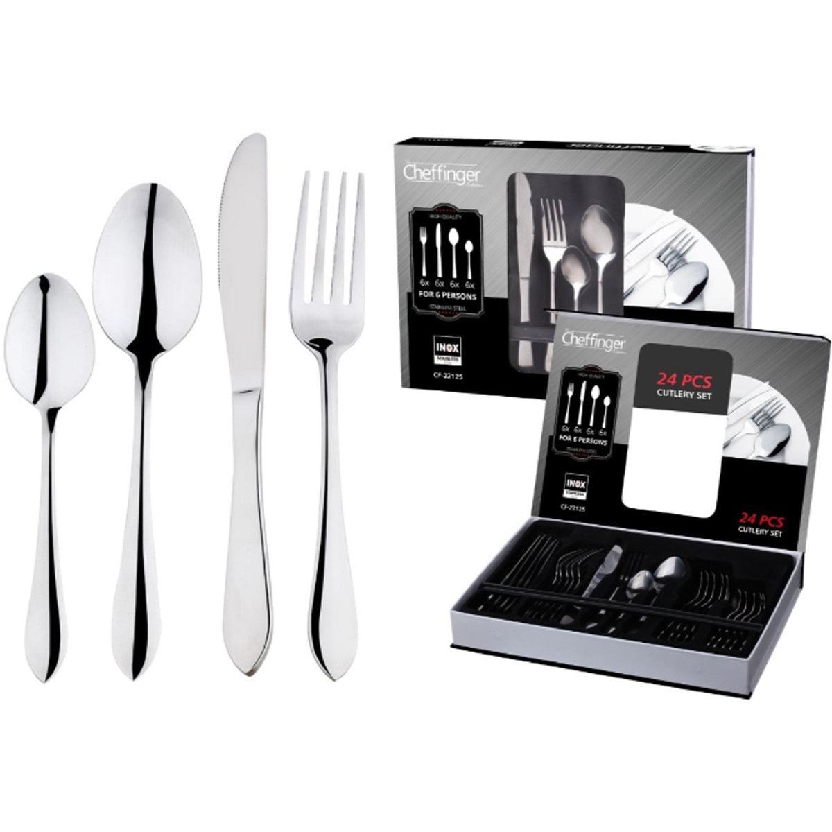 Cheffinger Bestekset - 24 - delig - Zilver - Voor 6 Personen - RVS - TEKZEN