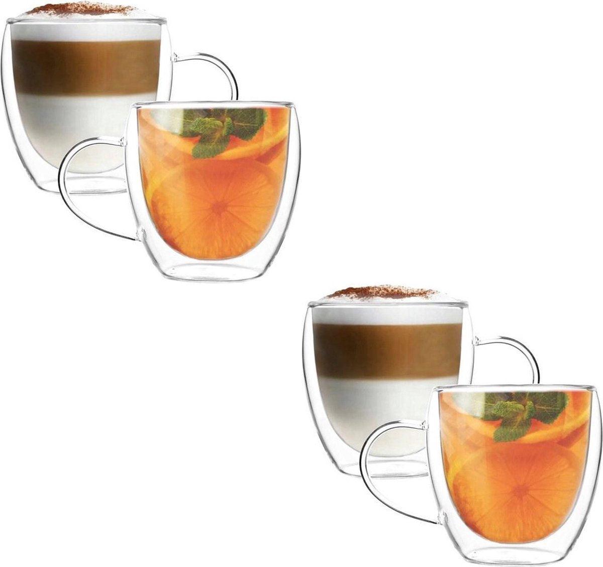 Cheffinger Dubbelwandige Glazen met Oor - 250 ml - Set van 4 - Koffieglazen - Theeglas - Cappuccino Glazen - Latte Macchiato Glazen - TEKZEN