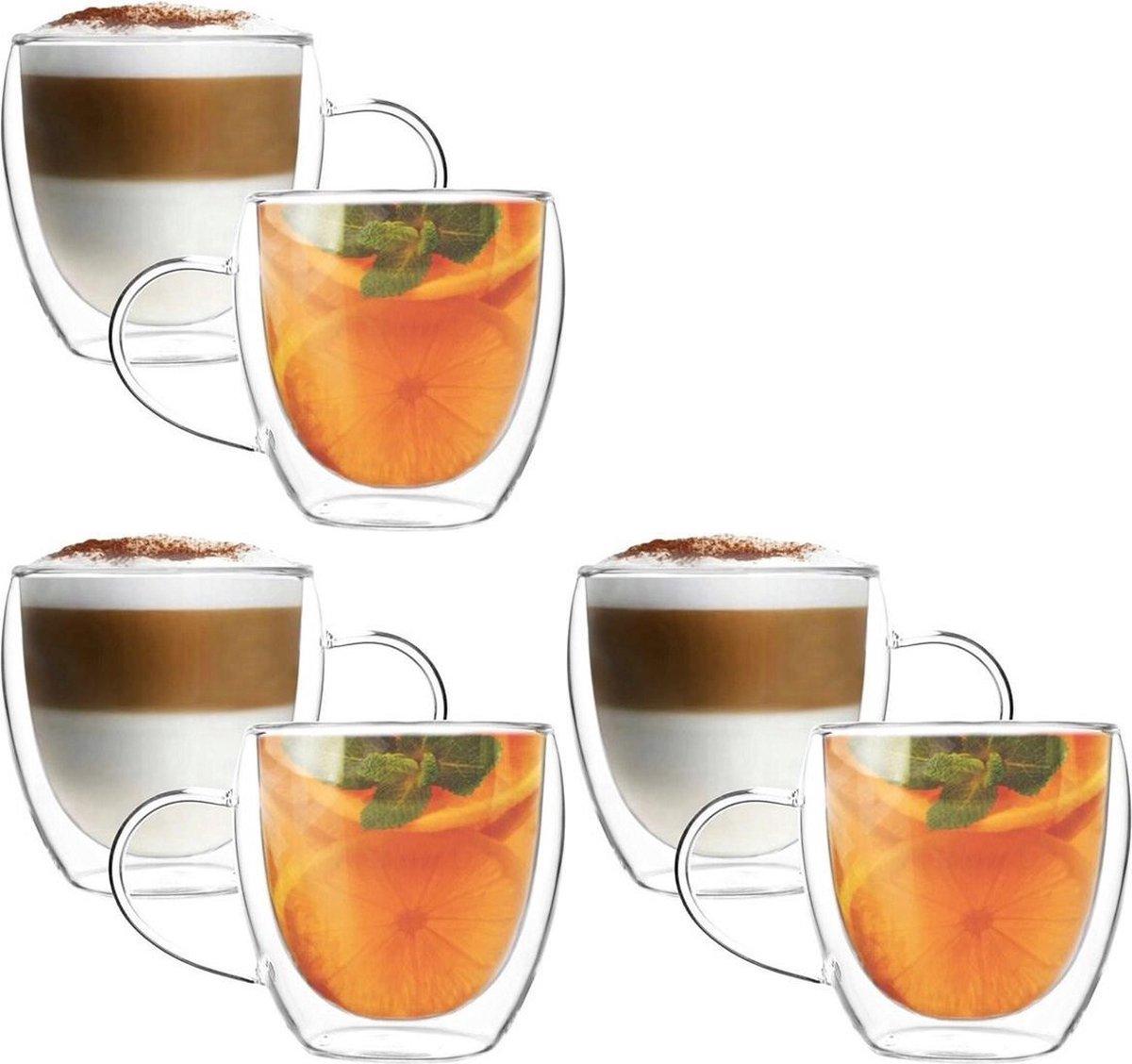 Cheffinger Dubbelwandige Glazen met Oor - 250 ml - Set van 6 - Koffieglazen - Theeglas - Cappuccino Glazen - Latte Macchiato Glazen - TEKZEN