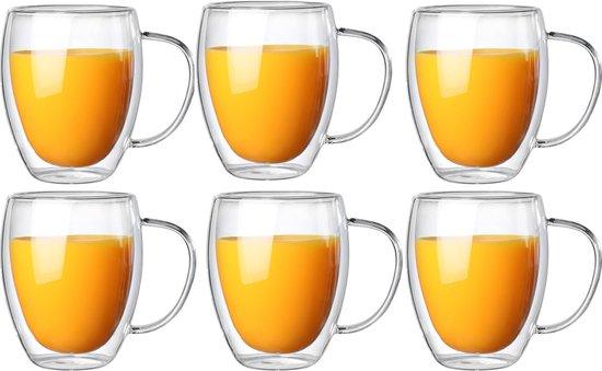 Cheffinger Dubbelwandige Glazen met Oor - 350 ml - Set van 6 - Koffieglazen - Theeglas - Cappuccino Glazen - Latte Macchiato Glazen - TEKZEN