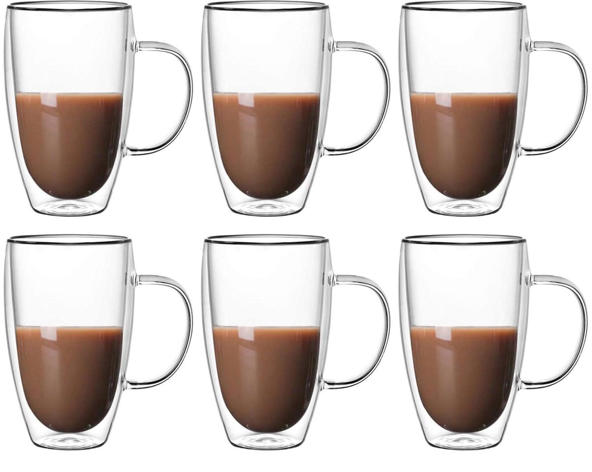 Cheffinger Dubbelwandige Glazen met Oor - 450 ml - Set van 6 - Koffieglazen - Theeglas - Cappuccino Glazen - Latte Macchiato Glazen - TEKZEN