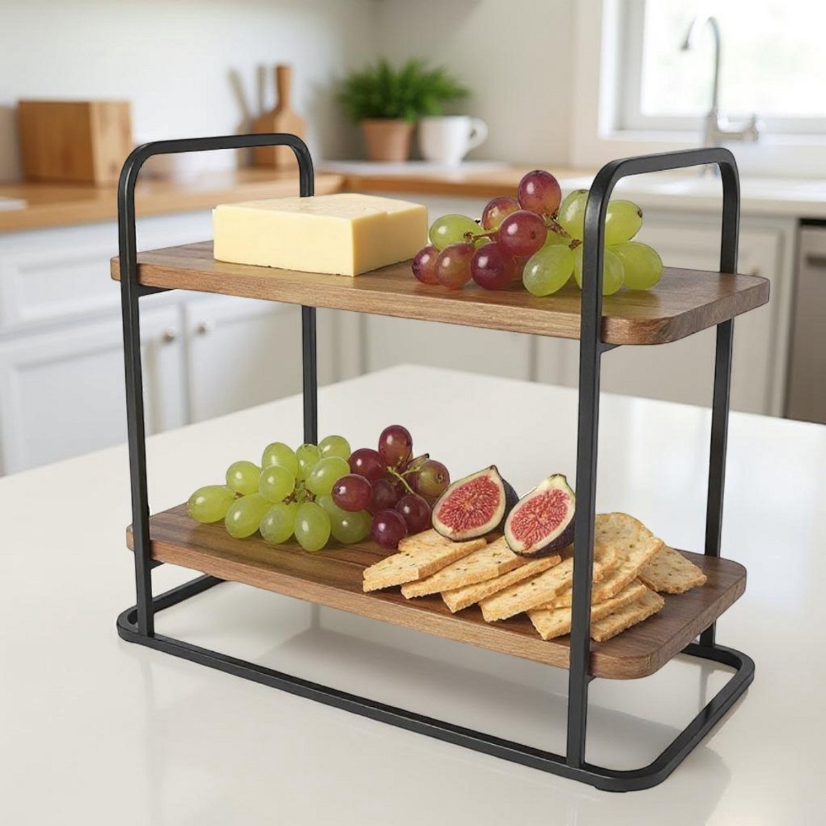 Cheffinger Etagère - 2 - laags - Bamboe - Fruitschaal - Fruitmand - 2x Dienbladen - TEKZEN