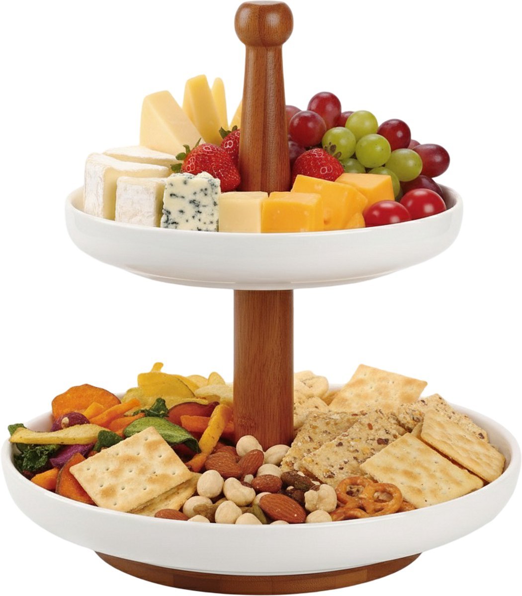 Cheffinger Etagère - 2 - laags - Bamboe/Keramiek - Fruitschaal - Fruitmand - TEKZEN