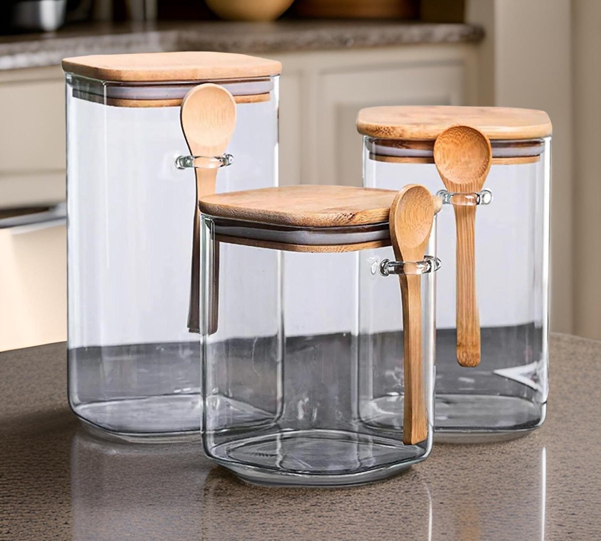 Cheffinger Glazen Voorraadpotten Set met Bamboe Deksel en Lepels - 3 - delig - 900ml, 1100ml, 1500ml - TEKZEN