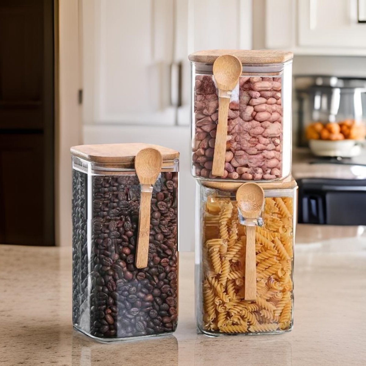 Cheffinger Glazen Voorraadpotten Set met Bamboe Deksel en Lepels - 3 - delig - 900ml, 1100ml, 1500ml - TEKZEN