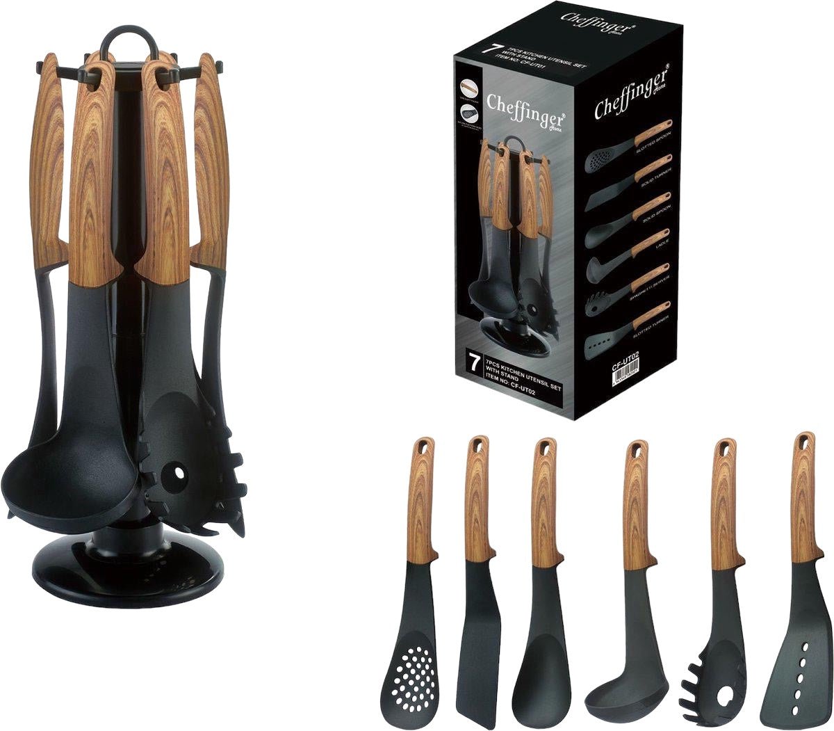 Cheffinger Keukengerei Set - 7 - delig - 360° Draaibare Standaard - Kookgerei Set - TEKZEN