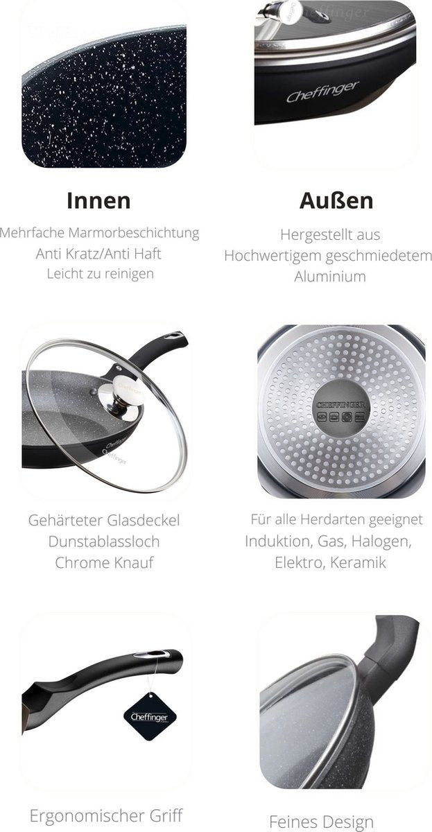 Cheffinger Koekenpan met Deksel - Marmeren Coating - 28cm - Zwart - TEKZEN