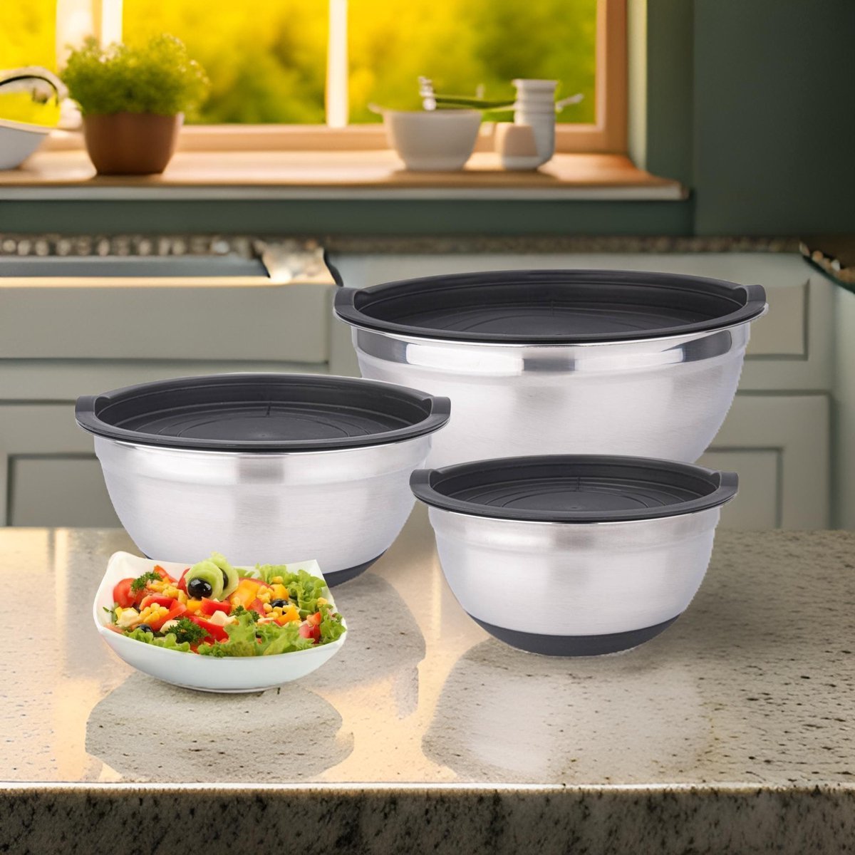 Cheffinger Mengkom - Set van 3 Keukenkommen met Deksels - 20/22/24cm - Kommenset - TEKZEN