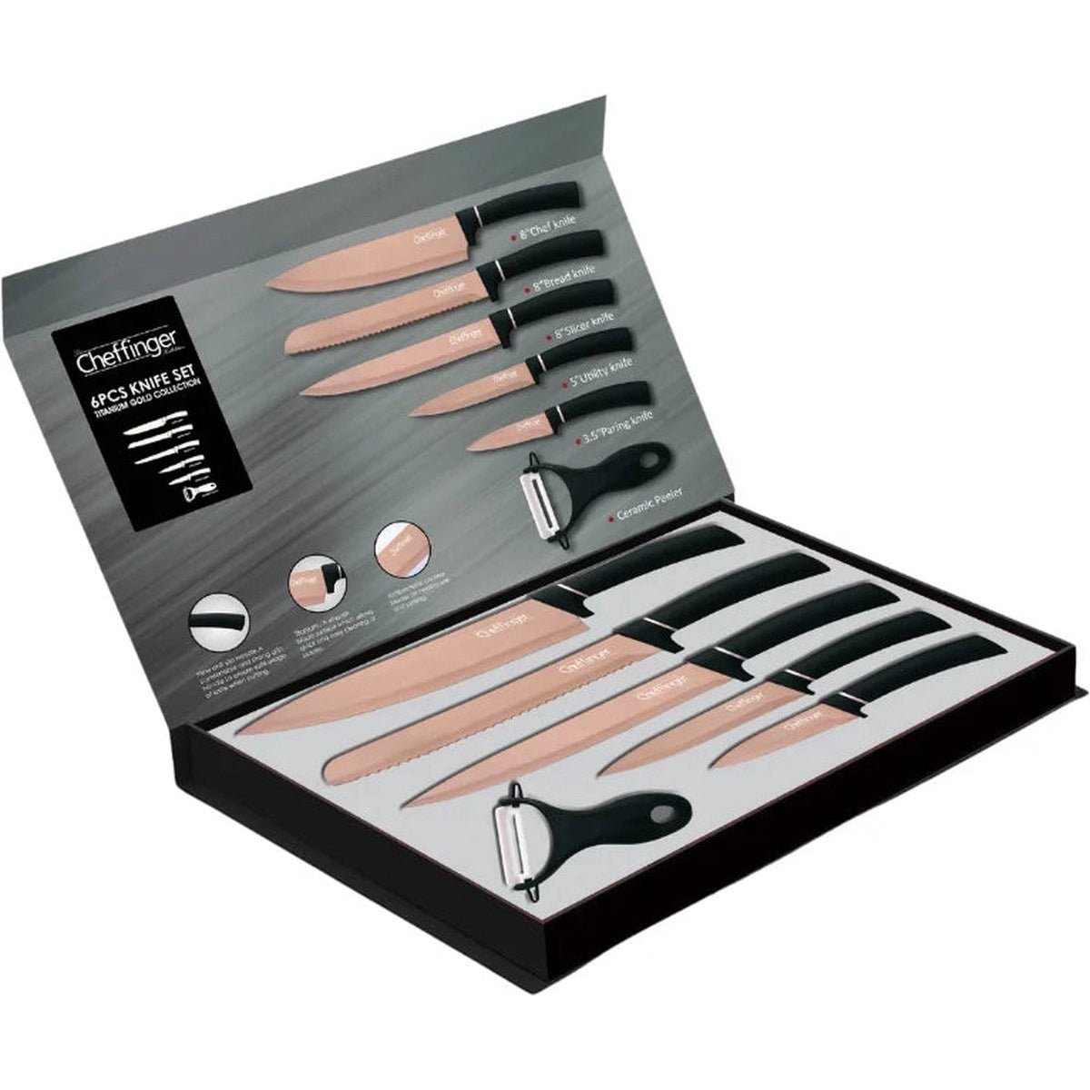 Cheffinger Messerset 6-teilig Roségold / Schwarz