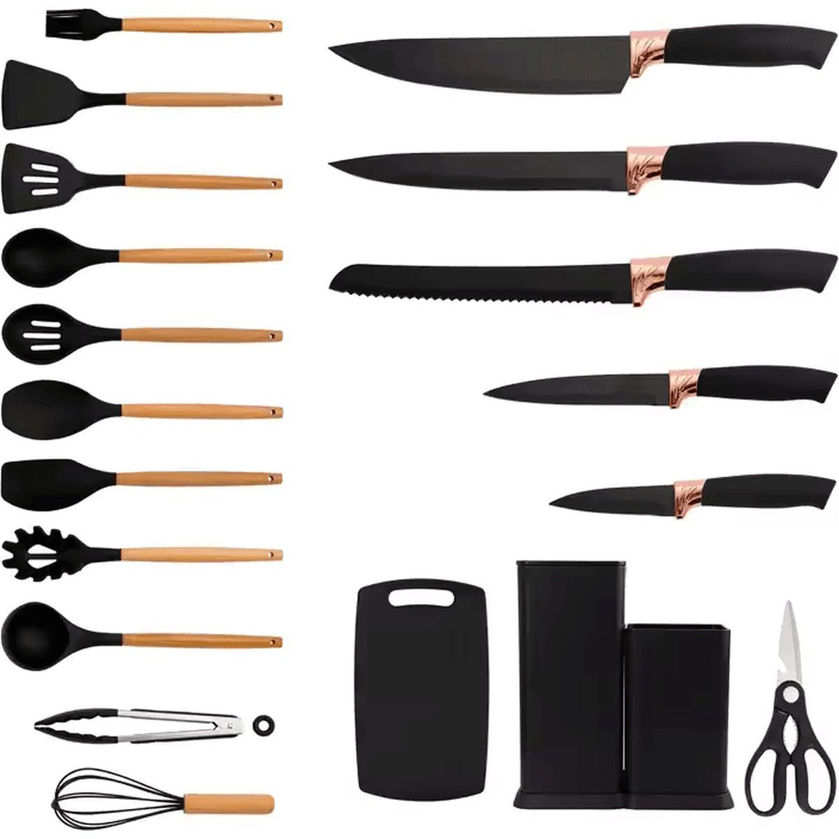 Cheffinger Messenset & Keukengerei Set met Houder - 19 - delig - Zwart - TEKZEN