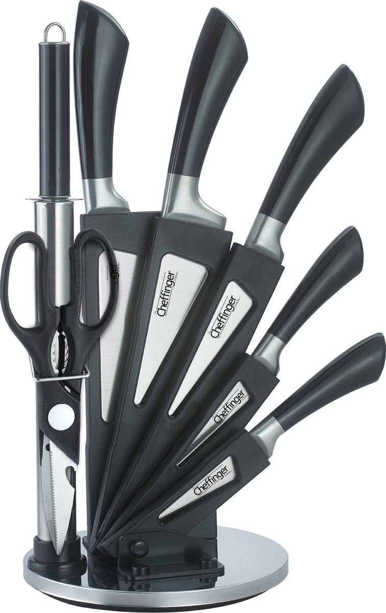Cheffinger Messenset met Standaard - 8 - delig - Zwart / Zilver - TEKZEN
