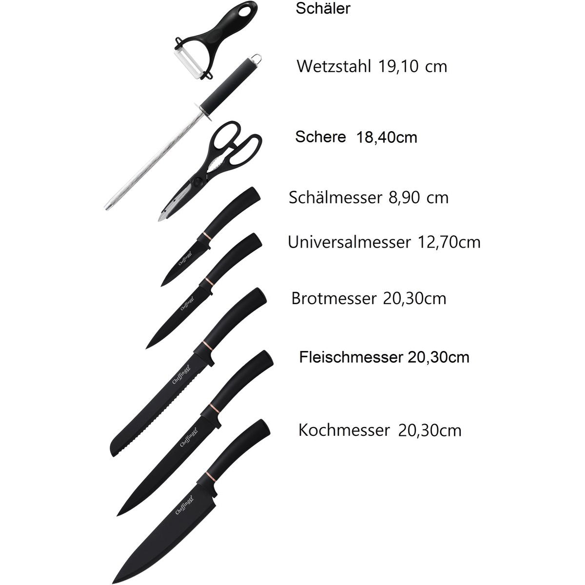 Cheffinger Messenset met Standaard - 9 - delig - Zwart / Rosé Goud - TEKZEN