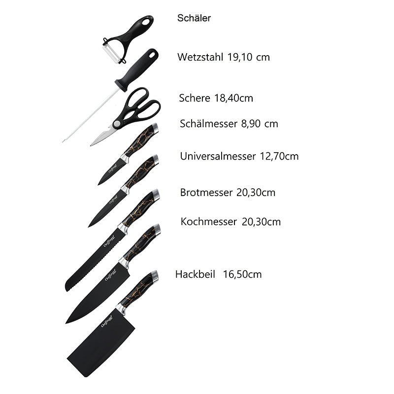 Cheffinger Messenset met Standaard - 9 - delig - Zwart/Rosé Goud/Marmer - TEKZEN