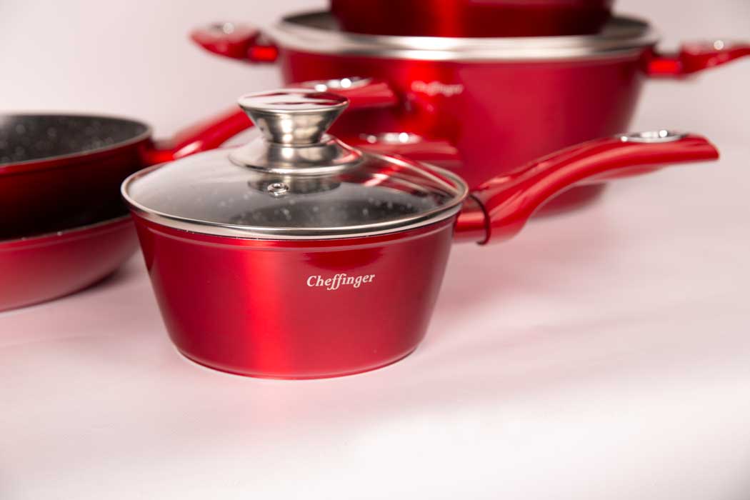 Cheffinger Pannenset - 10 - delig - Rood - Inductie - Met Glazen Deksels - TEKZEN