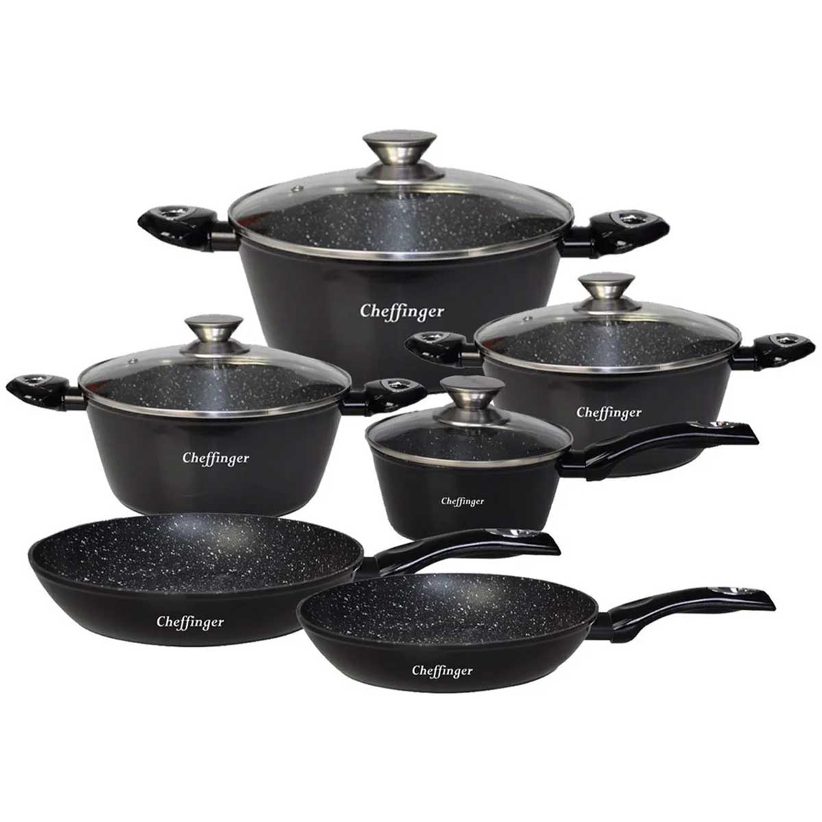 Cheffinger Pannenset - 10 - delig - Zwart - Inductie - Met Glazen Deksels - TEKZEN