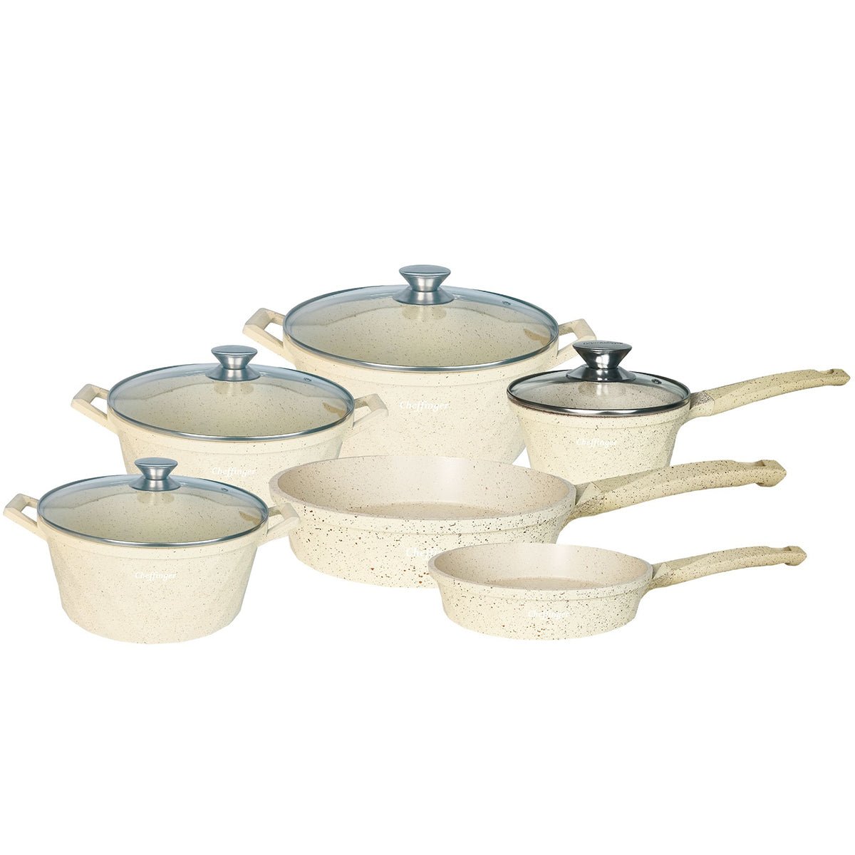 Cheffinger Pannenset - 12 - delig - Beige - Inductie - Met Glazen Deksels - Japandi Stijl - TEKZEN