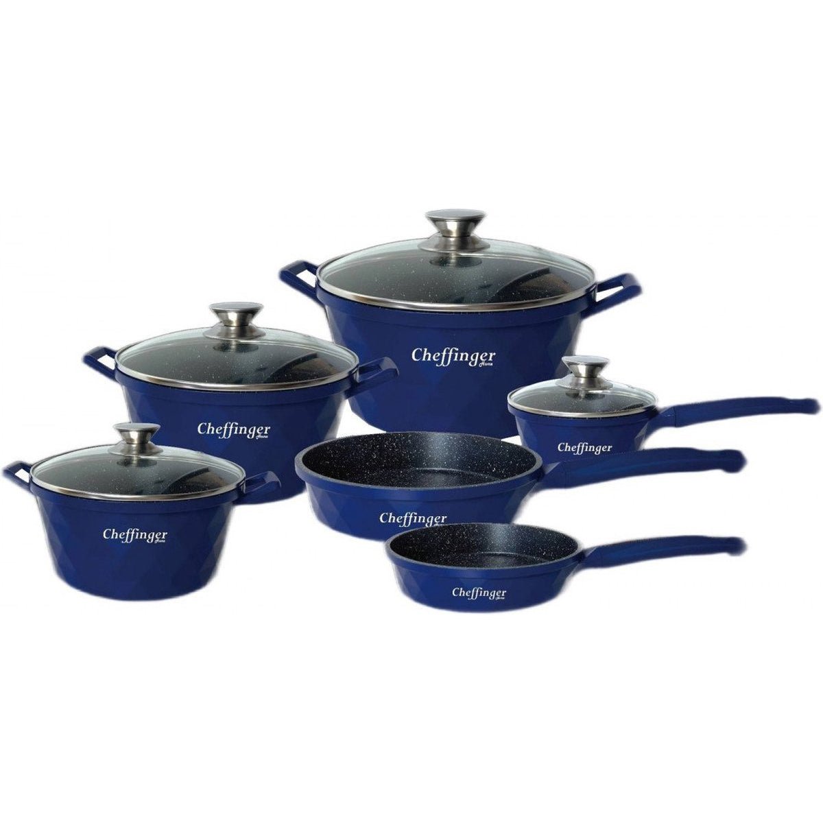 Cheffinger Pannenset - 12 - delig - Blauw - Inductie - Met glazen deksels - TEKZEN