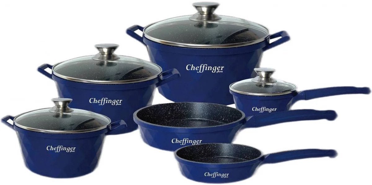 Cheffinger Pannenset - 12 - delig - Blauw - Inductie - Met Glazen Deksels - TEKZEN