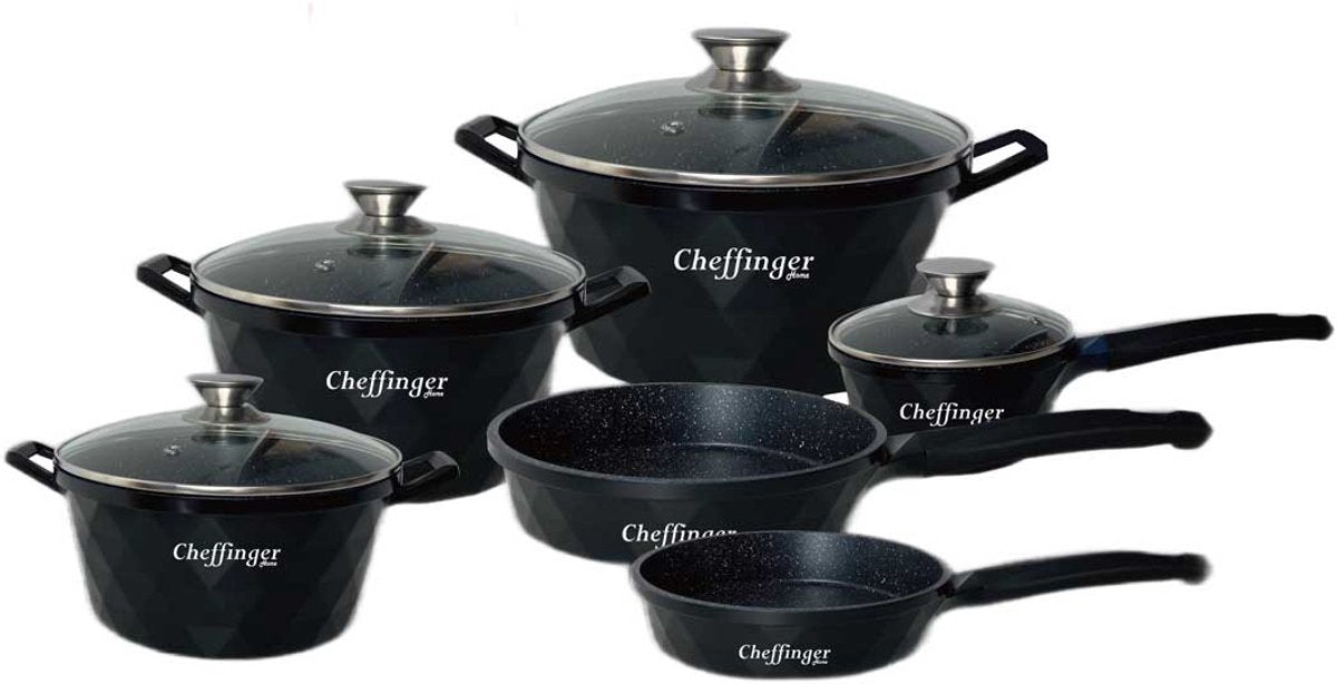 Cheffinger Pannenset - 12 - delig - Zwart - Inductie - Met Glazen Deksels - TEKZEN