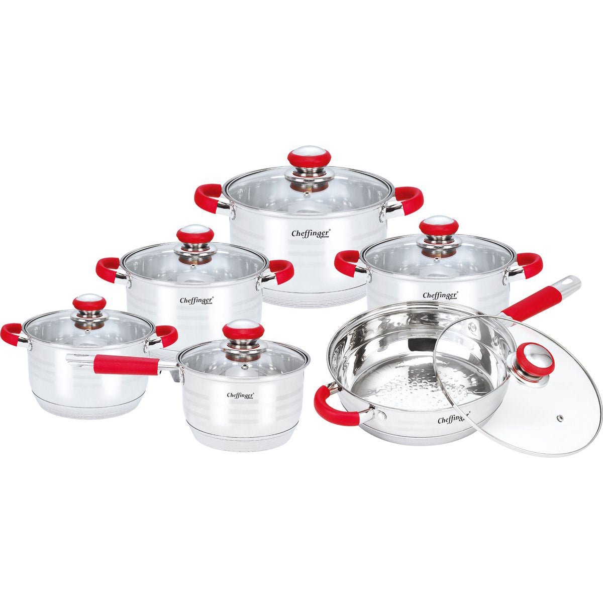 Cheffinger Pannenset met Glazen Deksel - 12 - delig - RVS - Inductie - Zilver/Rood - TEKZEN
