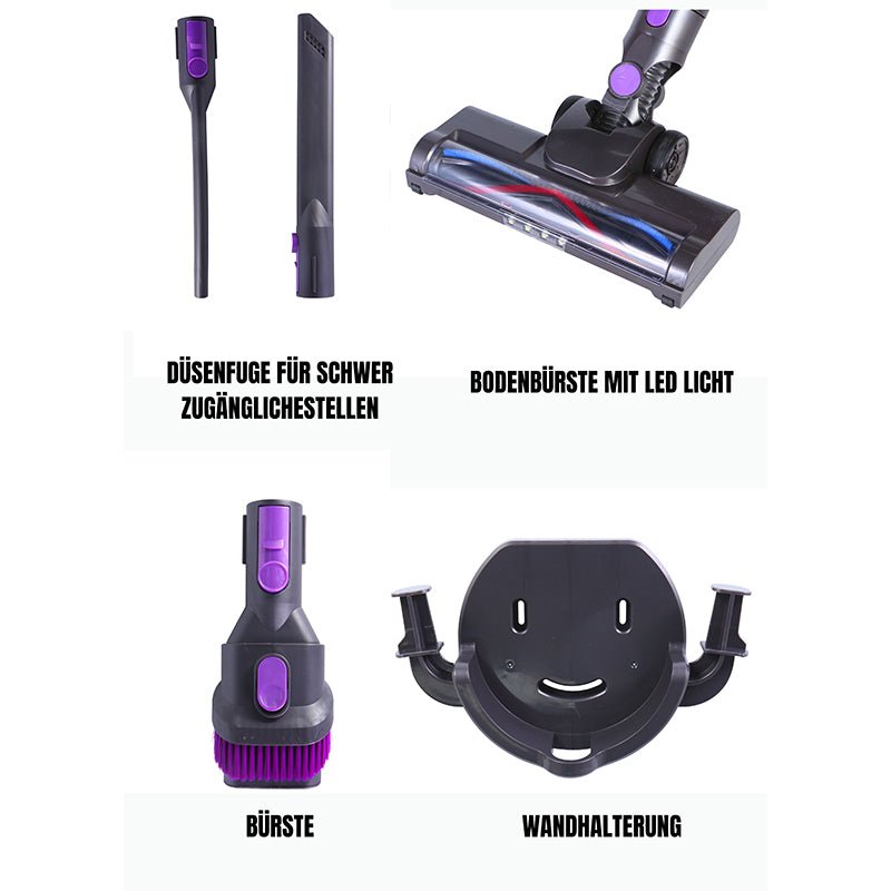 Cheffinger Steelstofzuiger - 300Watt - Draadloze Stofzuiger - Paars - LED Verlichting - Wandmontage - TEKZEN