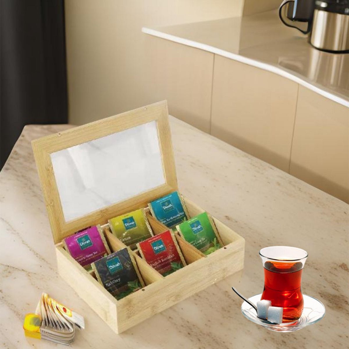 Cheffinger Theedoos 6 Vaks - Ruime Vakken voor Pickwick, Pukka, Twinings, Clipper - Theekist - Bamboe - TEKZEN