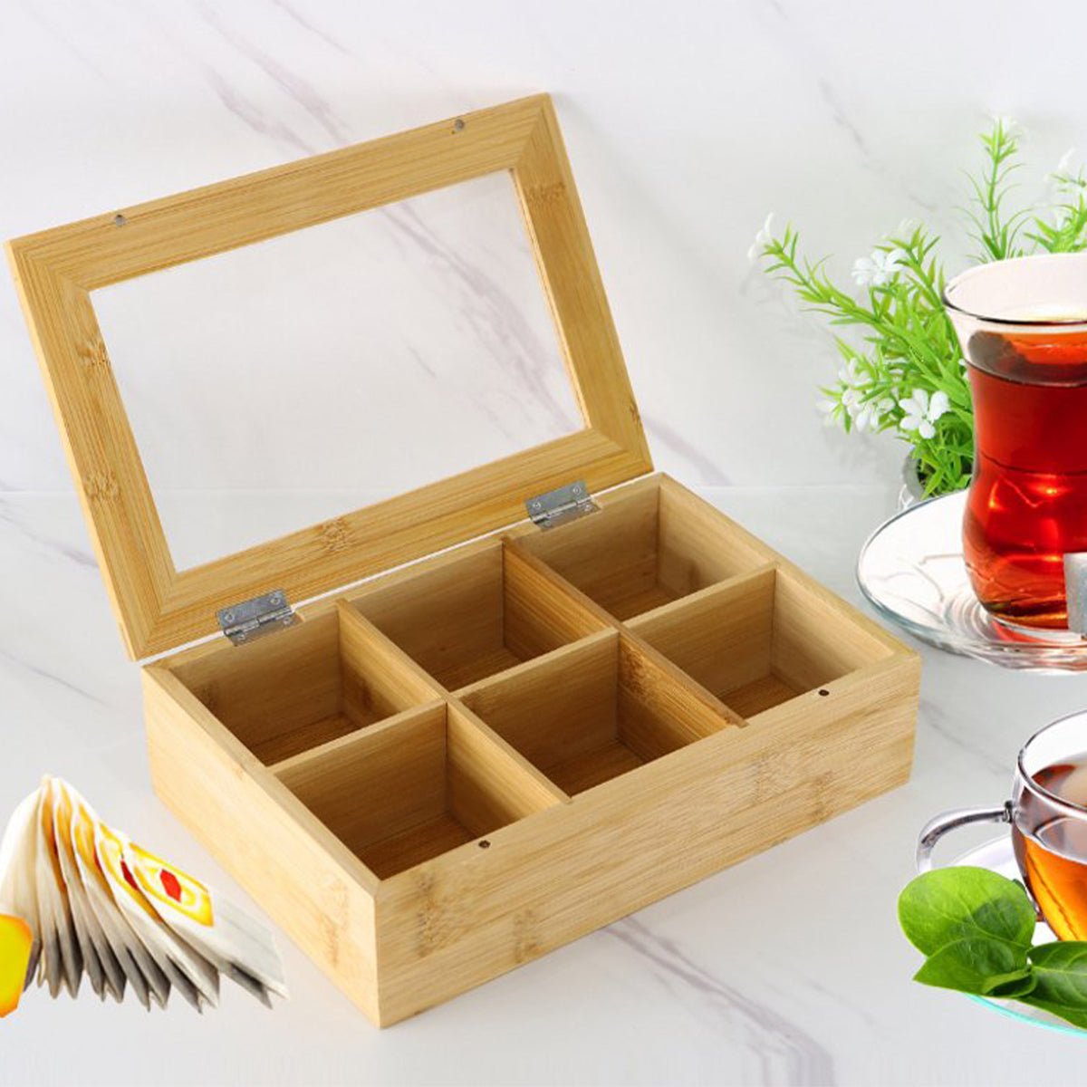 Cheffinger Theedoos 6 Vaks - Ruime Vakken voor Pickwick, Pukka, Twinings, Clipper - Theekist - Bamboe - TEKZEN