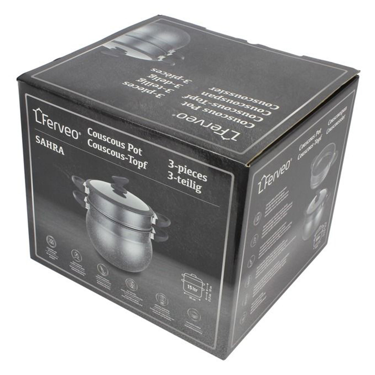 Ferveo Sahra Couscouspan - 15 Liter - 30 cm - Inductie geschikt - Stoompan - Zwart - TEKZEN