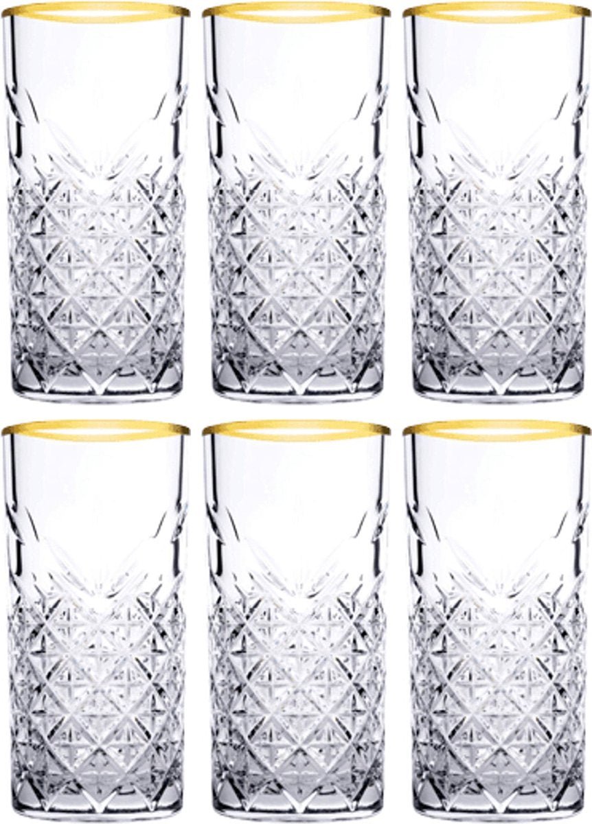 Glozini Longdrinkglas - 6 Stuks - 300ml - met Gouden Rand - TEKZEN