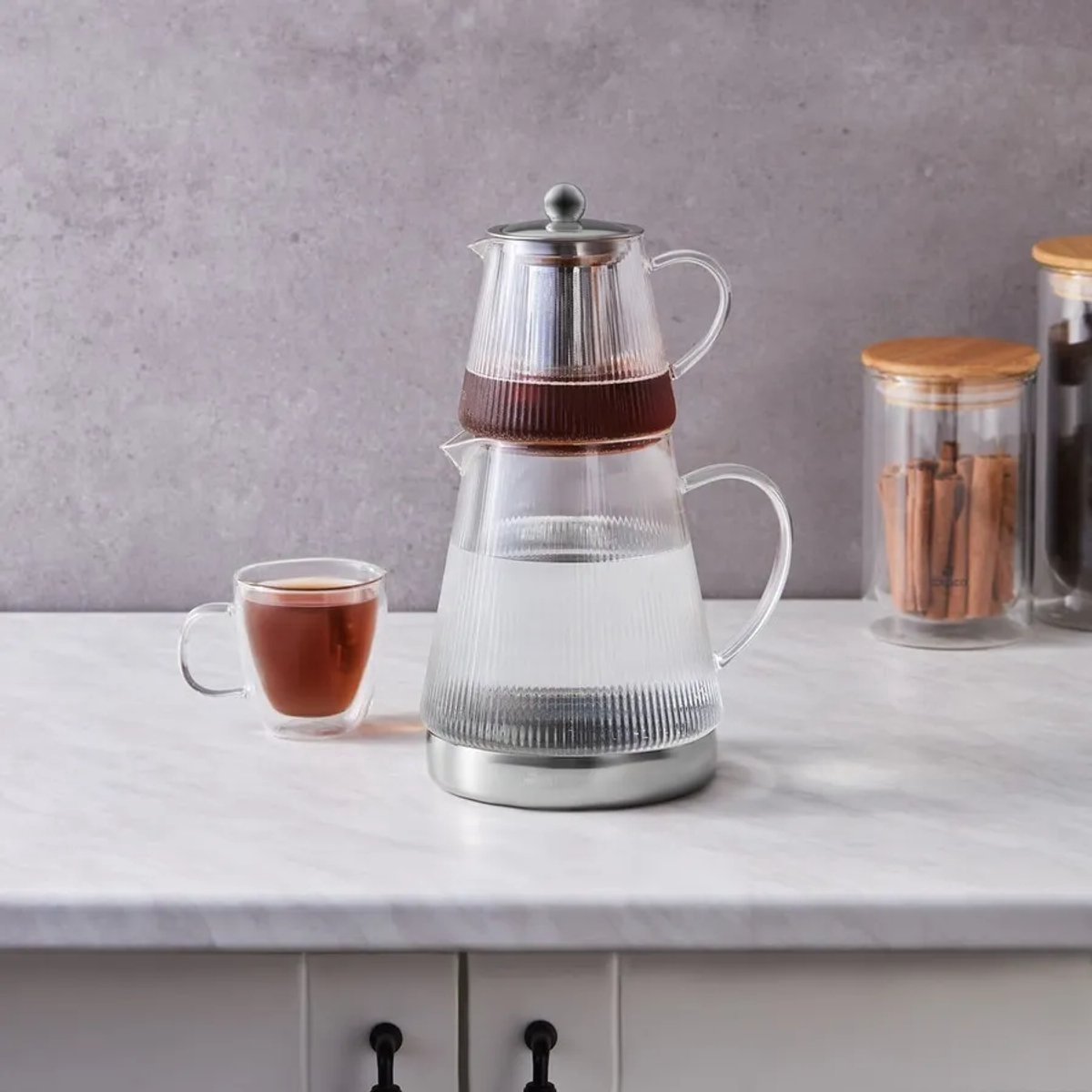 Kadirelli Demli XL - Geribbeld Glas Turkse Theepot - 0.40L / 1.8L - Inductie - TEKZEN