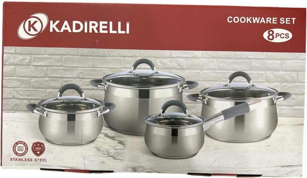 Kadirelli Kookpannen - Pannenset inductie 8 - delig - Glazen Deksel - RVS - TEKZEN