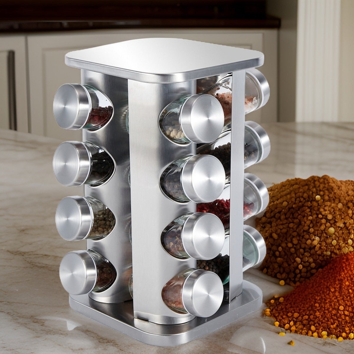 Kadirelli Kruidenrek – 16 kruidenpotjes – 360° draaibaar – Zilver - Kruidencarrousel - TEKZEN