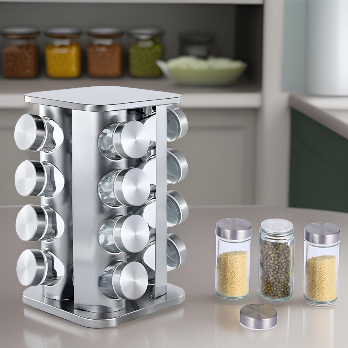 Kadirelli Kruidenrek – 16 kruidenpotjes – 360° draaibaar – Zilver - Kruidencarrousel - TEKZEN