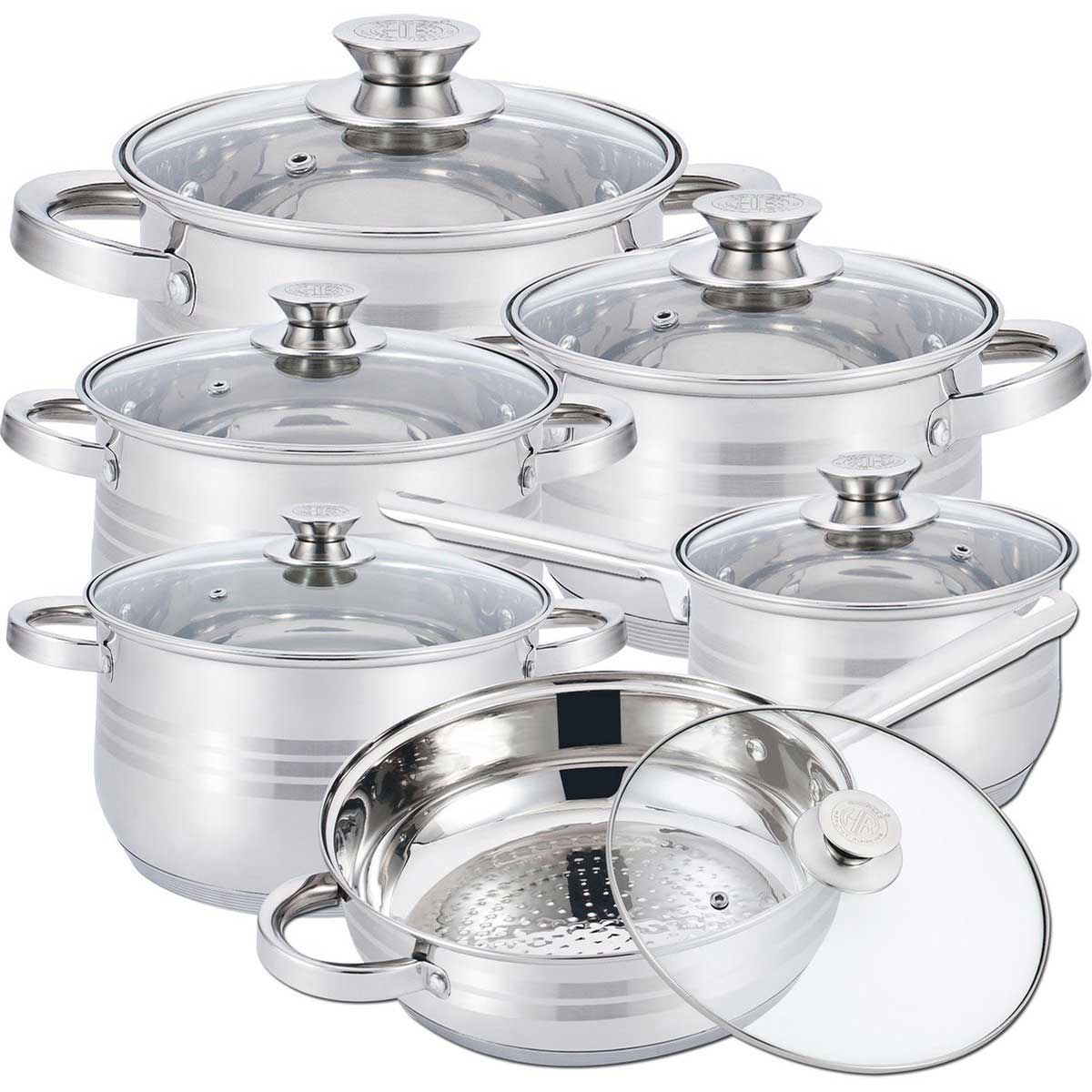 Kadirelli Pannenset met Glazen Deksel - 12 - delig - RVS - Inductie - Zilver - TEKZEN