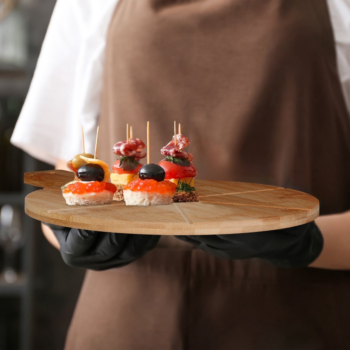 Kadirelli Pizzaplank met Pizzasnijder – Bamboe – 34 cm – Serveerplank met Handvat - TEKZEN