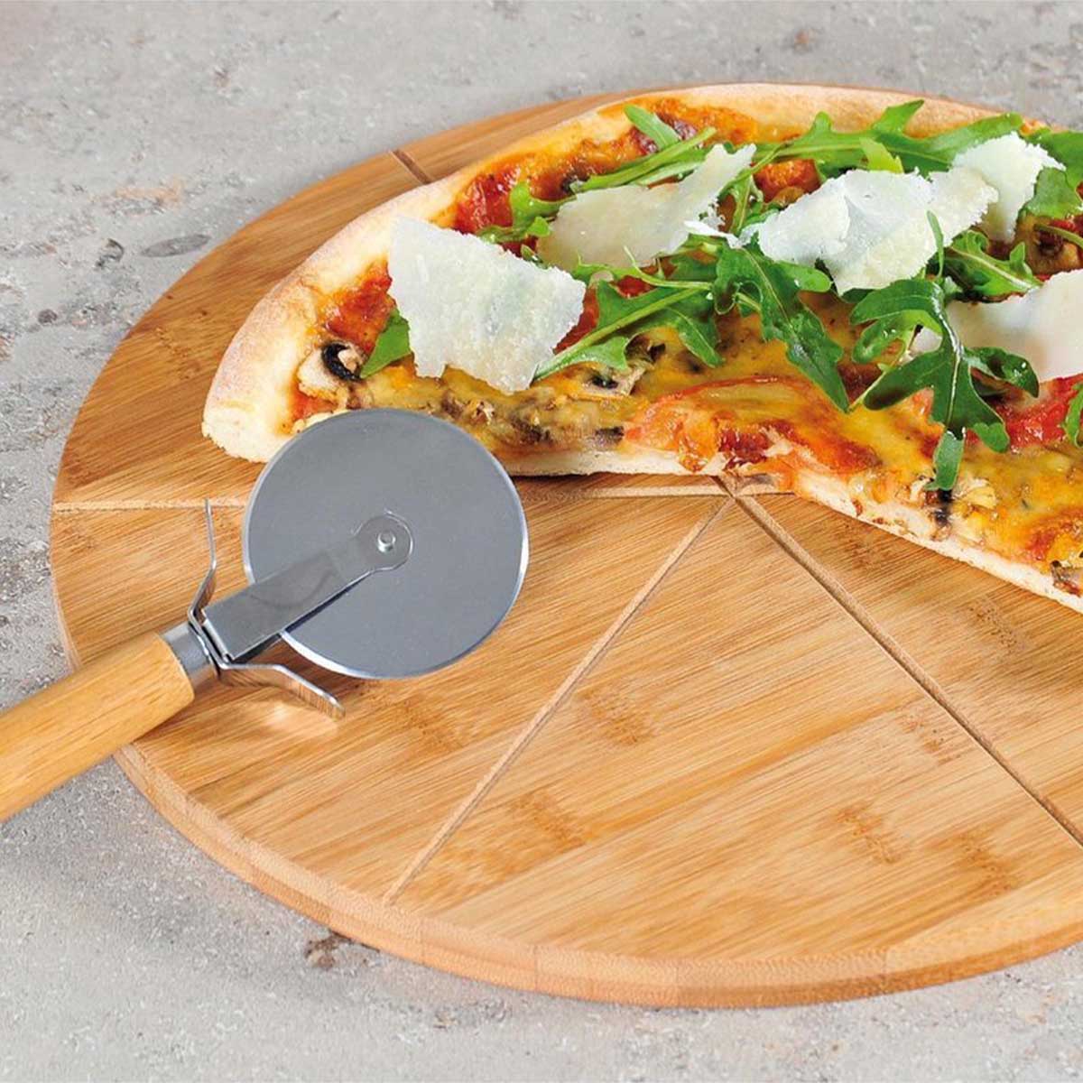 Kadirelli Pizzaplank met Pizzasnijder – Bamboe – 34 cm – Serveerplank met Handvat - TEKZEN