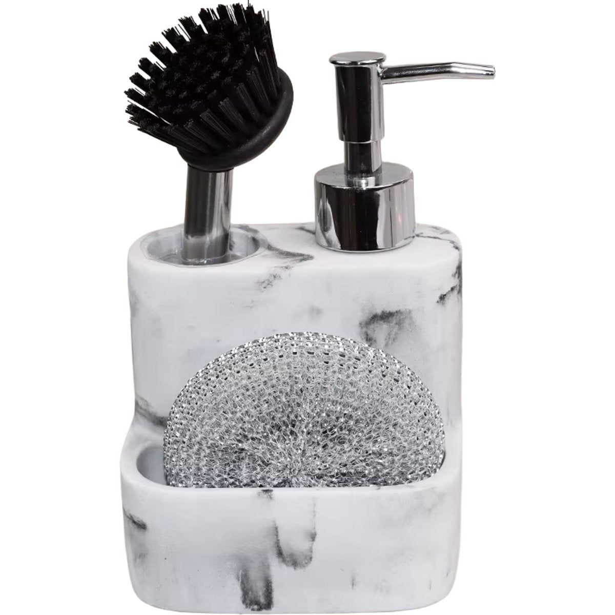 Kadirelli Zeepdispenser met Borstel en Stalen Schuurspon - Wit Marmerlook - TEKZEN