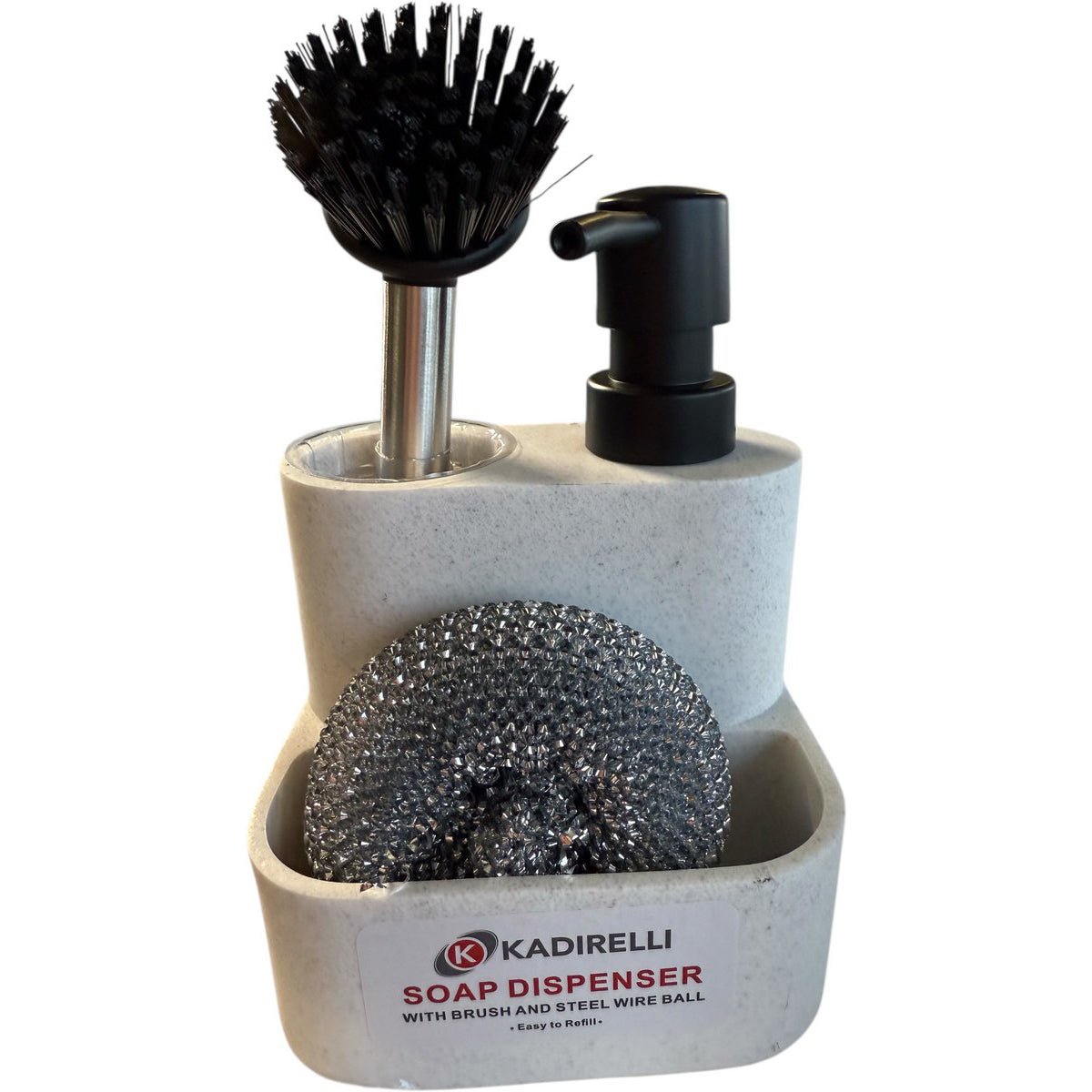 Kadirelli Zeepdispenser met Borstel en Stalen Schuurspon - Wit/Zwart - TEKZEN