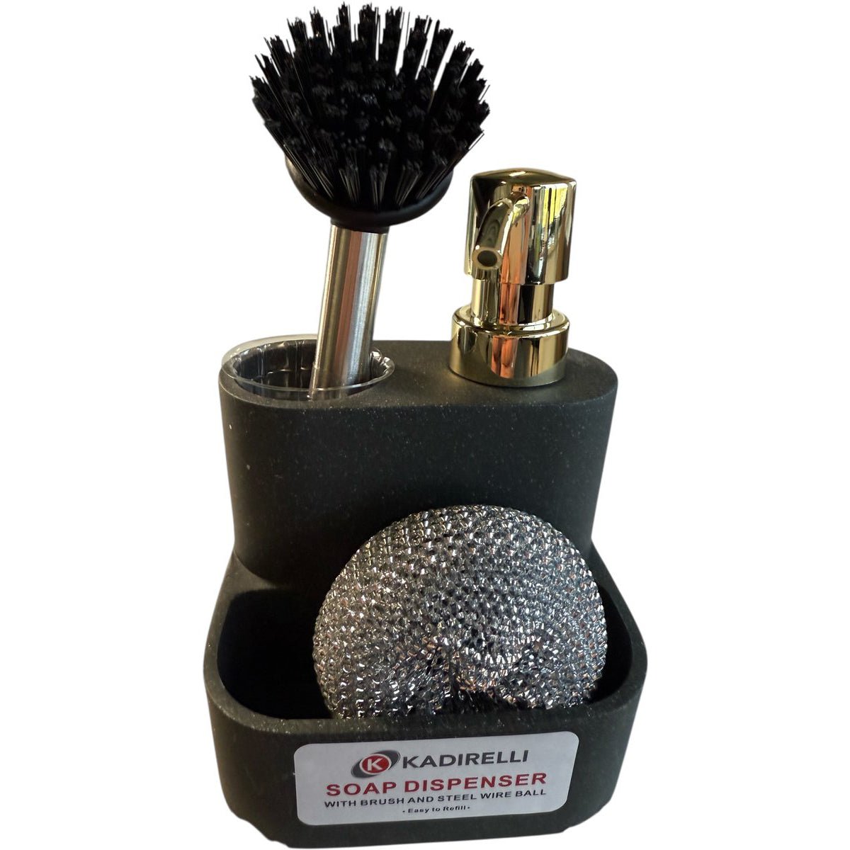 Kadirelli Zeepdispenser met Borstel en Stalen Schuurspon - Zwart/Goud - TEKZEN