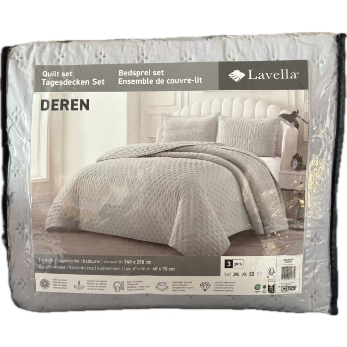 Lavella Deren Bedsprei Set, 3-delig, Grijs, 240x250 cm – vooraanzicht