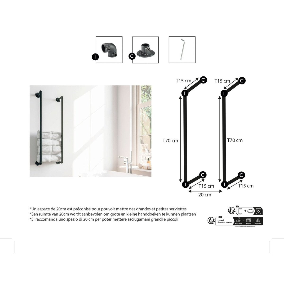 Maclean Handdoekenrek Zwart - Gemaakt van Steigerbuis - Industrieel - Badkamerrekken - TEKZEN