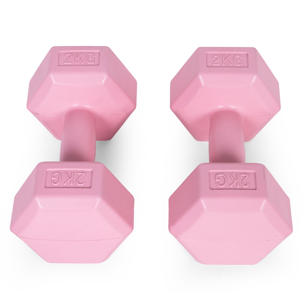 ModernHome hex dumbbellset 2 × 2 kg roze – twee dumbbells van bovenaf