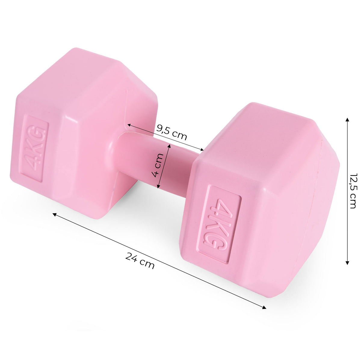 ModernHome hex dumbbellset 2 × 4 kg roze – afmetingen van één dumbbell