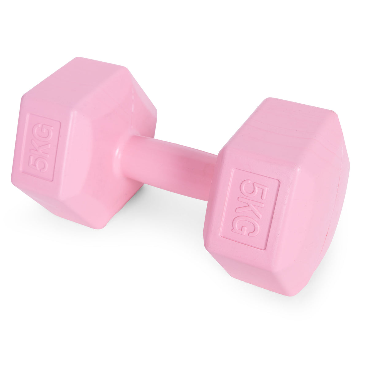 ModernHome hex dumbbellset 2 × 5 kg roze – zijaanzicht van één dumbbell