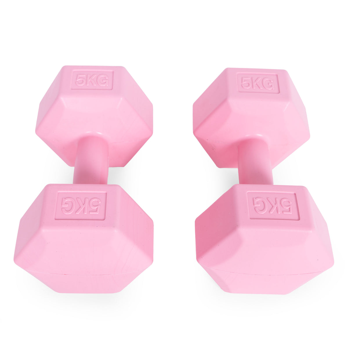 ModernHome hex dumbbellset 2 × 5 kg roze – twee dumbbells van bovenaf