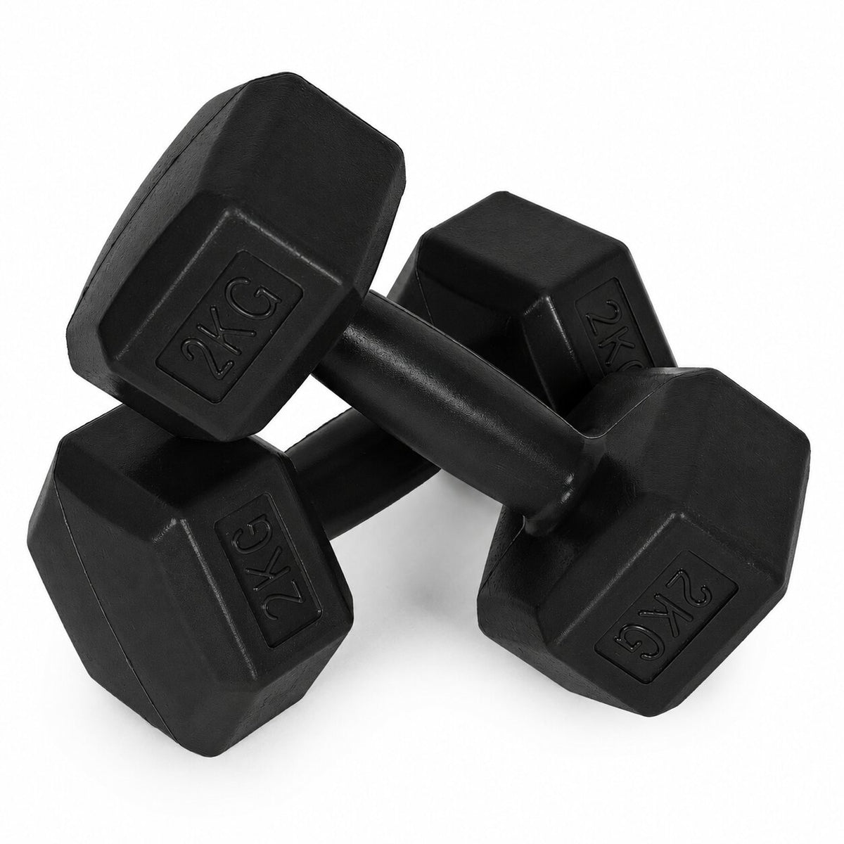 MovePro hex dumbbellset 2 × 2 kg zwart – detail van de handgreep en gewichten