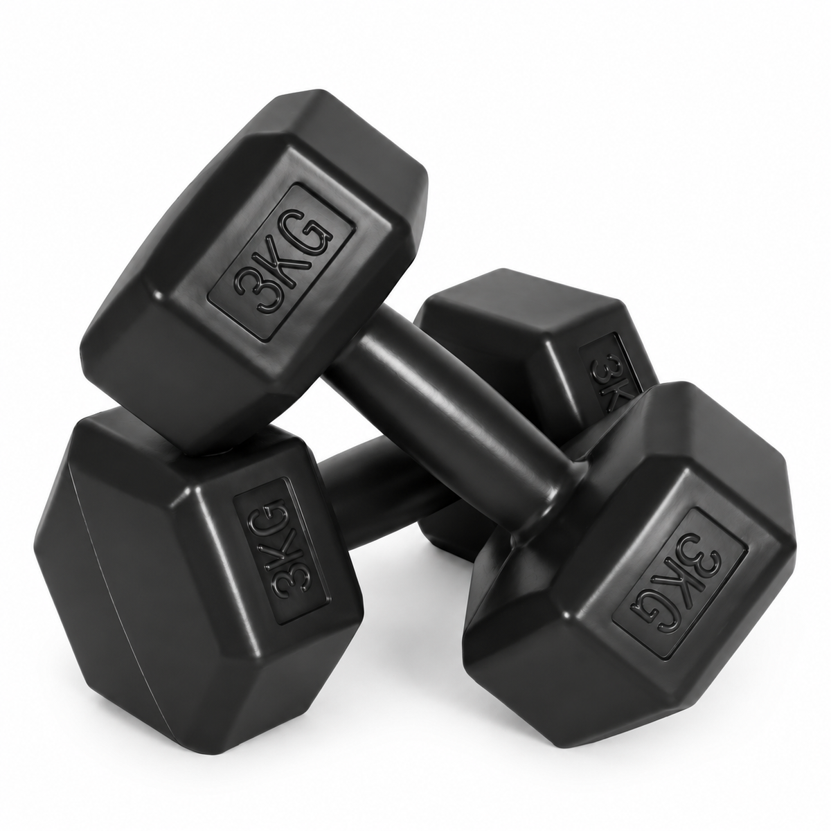 MovePro hex dumbbellset 2 × 3 kg zwart – detail van de handgreep en gewichten