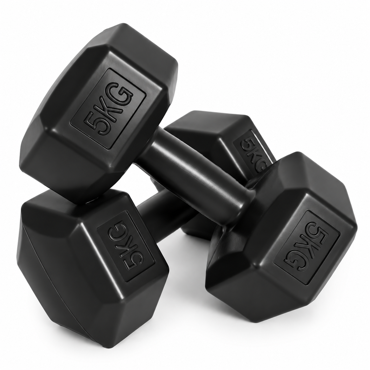 MovePro hex dumbbellset 2 × 5 kg zwart – detail van de handgreep en gewichten